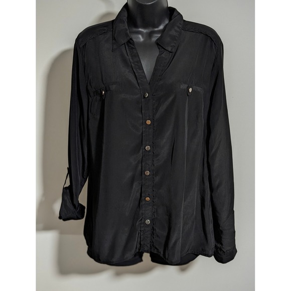 Notations Tops - Notations Black Button Down Shirt Roll Tab Long Sleeve Career Top Size L